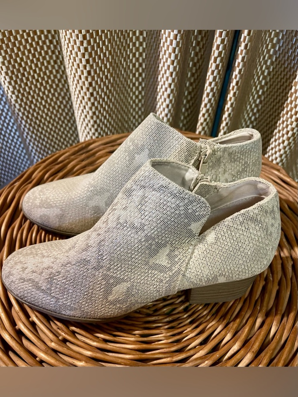 SO Ivory Fabric Snakeskin Ankle Booties with Side Zip, Size 8
